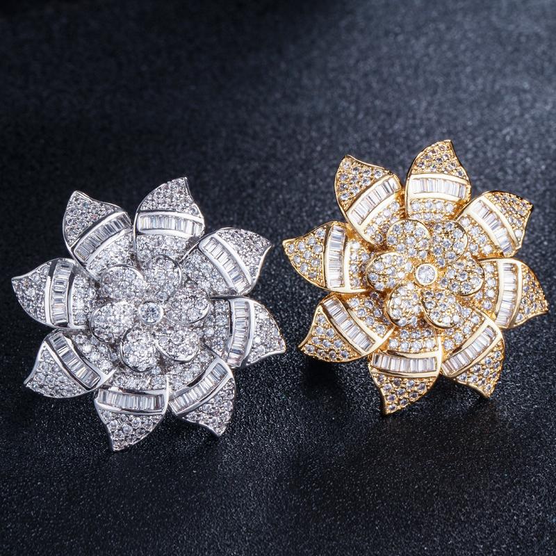 CMM Jewelry Designer Big Flower Yellow Gold Color Luxury Cubic Zirconia Engagement Wedding Rings Jewellery for Women