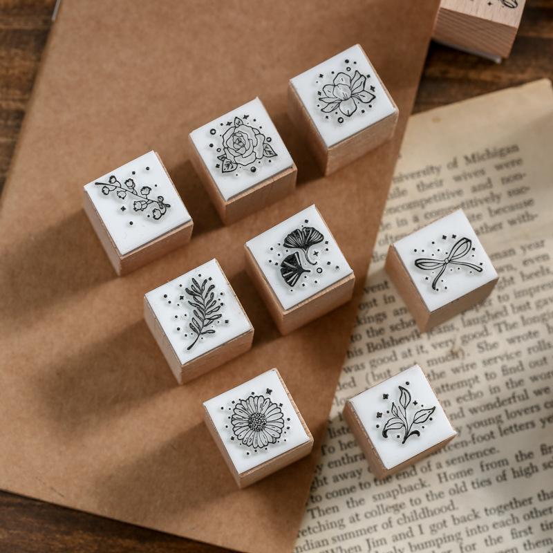 16pcs Wooden Rubber Stamp Set, Vintage Floral Botanical Stamps For Scrapbooking, Journaling, DIY Craft Stationery