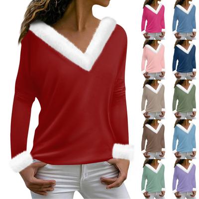 Женская футболка с принтом, футболка с длинным рукавом, флисовый воротник, топ с V-образным вырезом