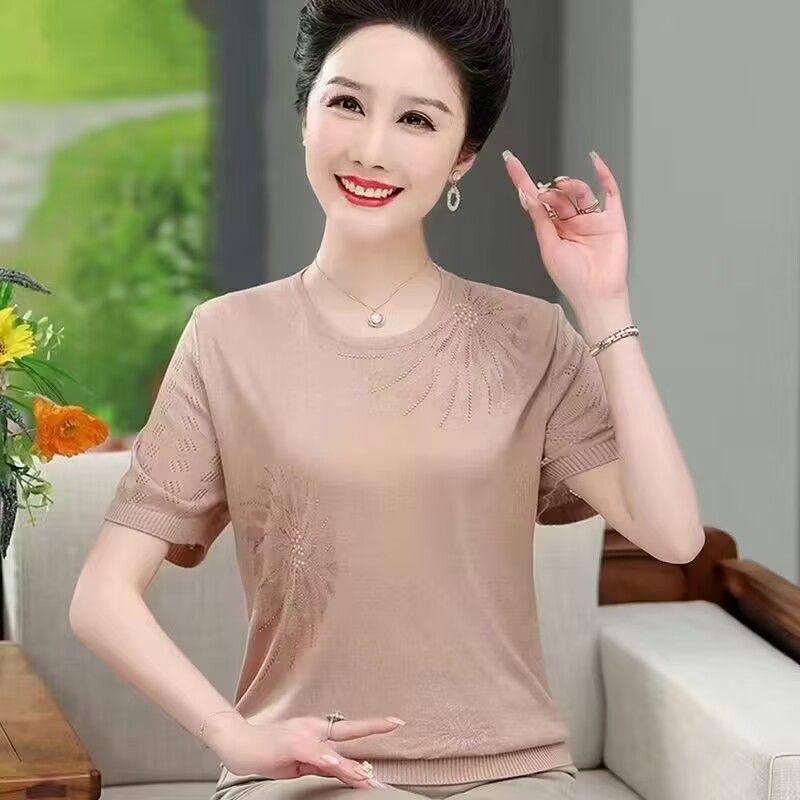 Summer Women's Ice Silk Short Sleeved Round Neck T-shirt Middle-aged and Elderly Women's Loose Thin Knitted Top