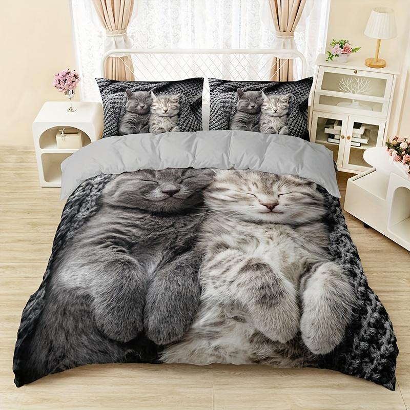 Cute Cat Print Duvet Cover Set - Soft Breathable Polyester Bedding For All Seasons Includes 1 Duvet Cover 2 Pillowcases