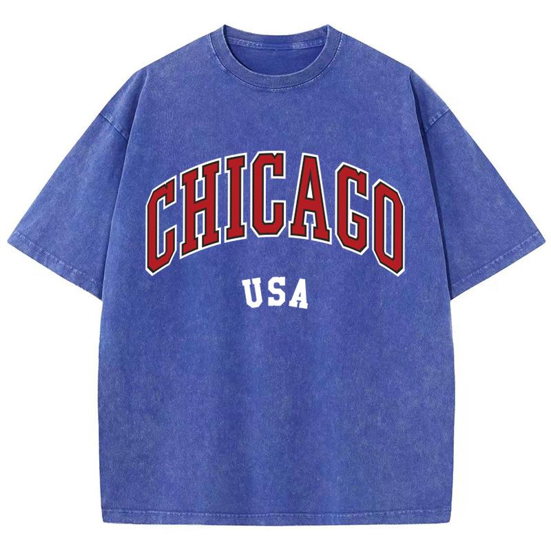 Women'S Cotton Washed T-Shirts All-Math Distressed Loose Tops Chicago Usa Printing Short Sleeve Summer Street Female Clothes