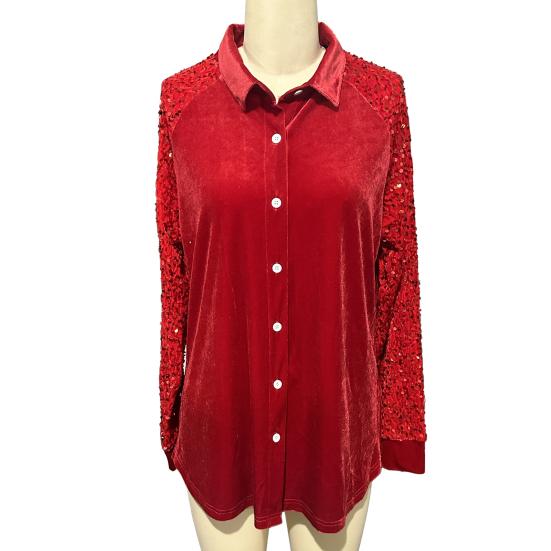 Женская рубашка на пуговицах с лацканами, с длинным рукавом, топы, однотонная, свободного кроя, с блестящими пайетками на рукавах, бархатная рубашка, одежда для коктейльной вечеринки