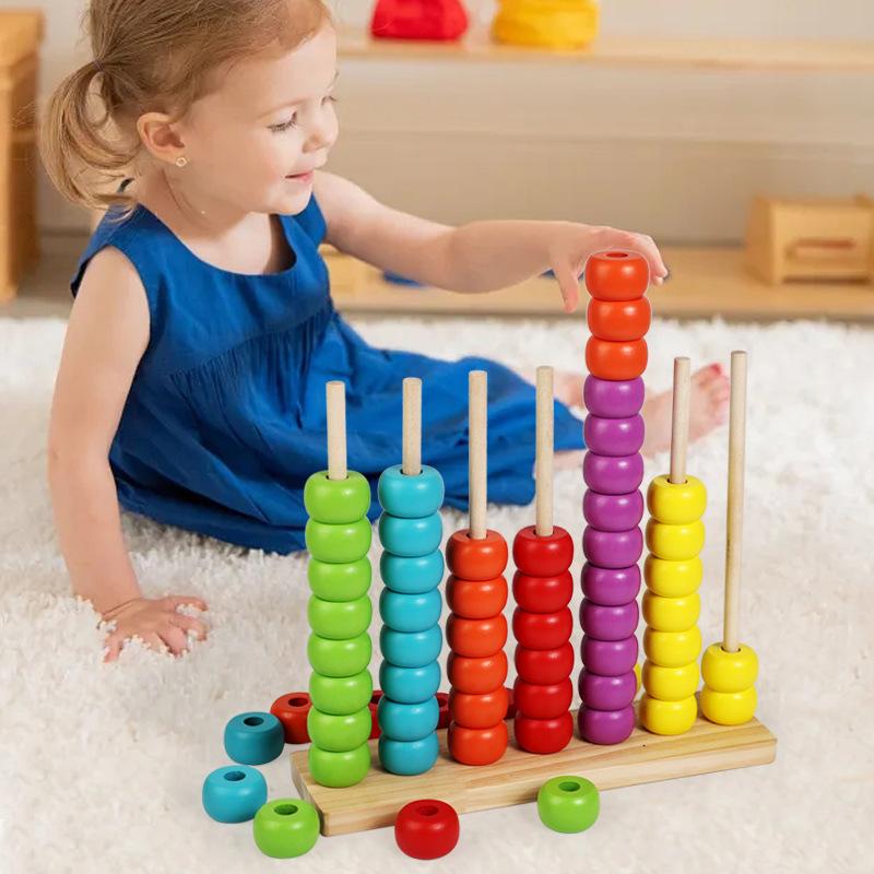 Wooden Color Stacking Beads Sorting Toy Sensory Play Set 1 Pack for Toddlers Hand-Eye Coordination Training Home Kindergarten Use
