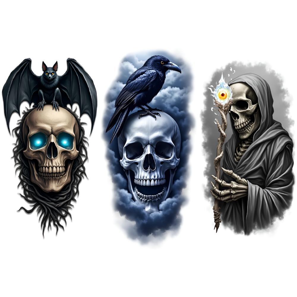3 шт. Временные татуировки Водонепроницаемые Долговечные Наклейки на тело Паук Череп Череп с капюшоном и мечом Ворон на черепе Для взрослых
