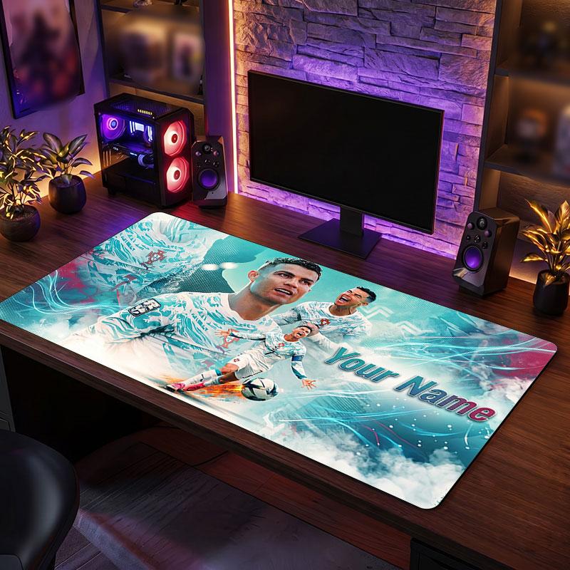 Cristiano Ronaldo Custom Large Mouse Pad, Personalized Name Text Print, Football Logo Non‑Slip Desk Mat Gaming Gift