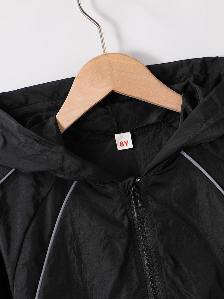 Girls 8-12Y All Season Casual Jacket, Raglan Long Sleeve Zip Up Short Coat with Reflective Stripe, Lightweight Outdoor Running Cycling Sportswear