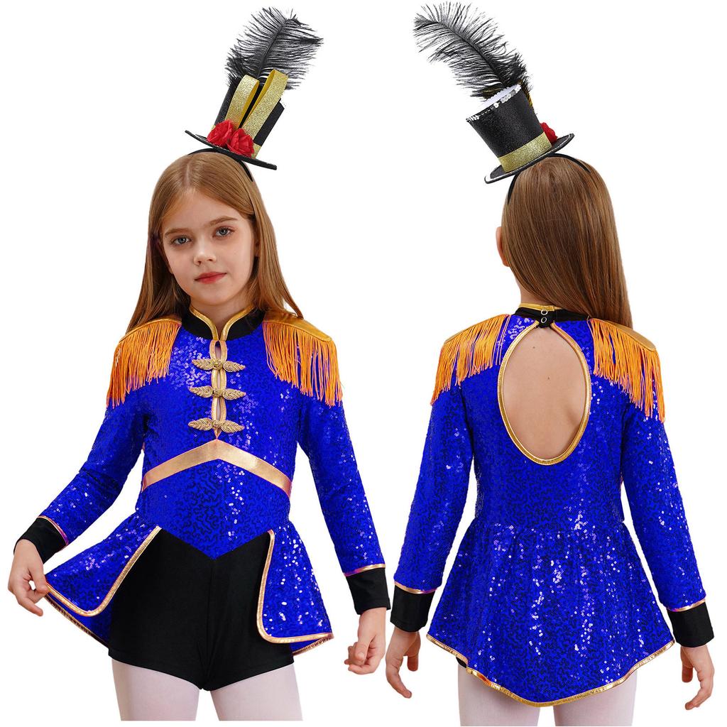 Girls Circus Drummer Costume Long Sleeve Sequined Bodysuit Fringe Epaulet Shoulder Mini Top Hat Accessory