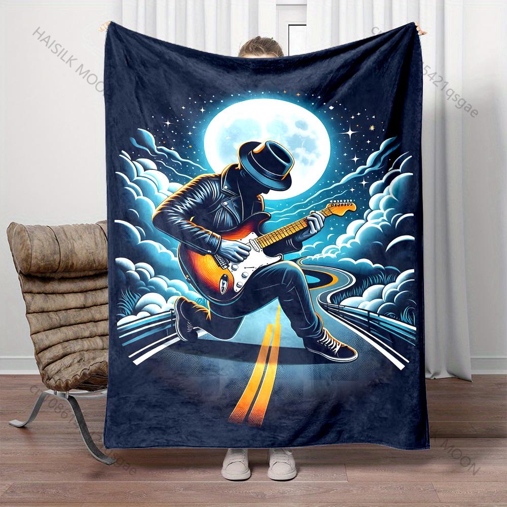 1PC Guitarist under full moon Print Adult Children Warm Blankets Home Travel Car Soft Comfortable Suitable for all seasons