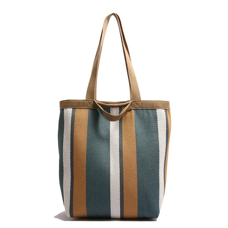 Новая полосатая контрастная сумка большой вместимости, модная, для поездок на работу, универсальная на плечо, вязаная тканевая сумка