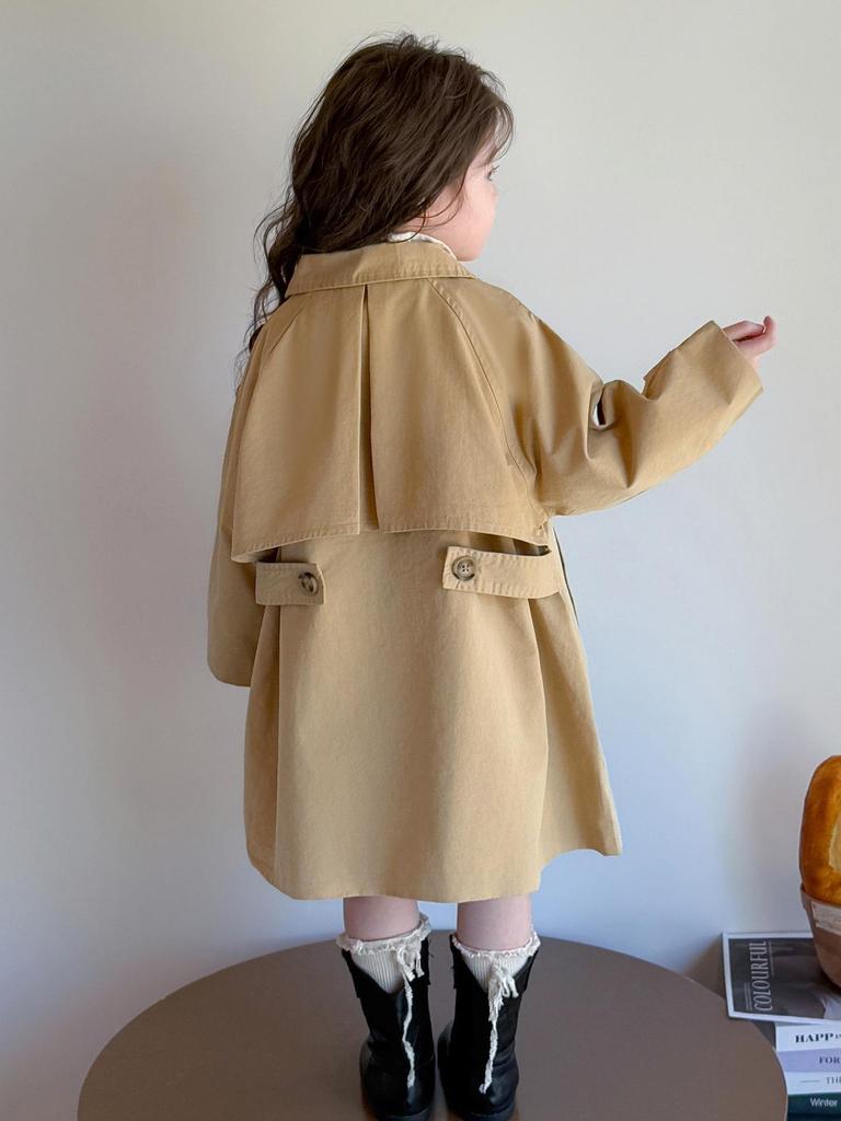 Повседневный тренч средней длины для девочек - Весенне-осенний корейский стиль с воротником с лацканами однотонный