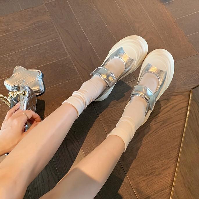 Cowhide Version~ Velcro Leather One-pedal Thick-soled Heightening Shoes Silver Mary Jane Single Shoes Muffin White Shoes