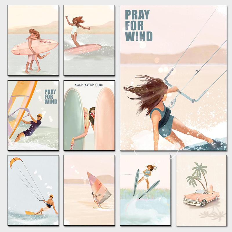 Minimalism Beach Surfing Boho Posters Pink Beach Summer Coastal Prints Canvas Painting Wall Art Pictures Home Living Room Decor