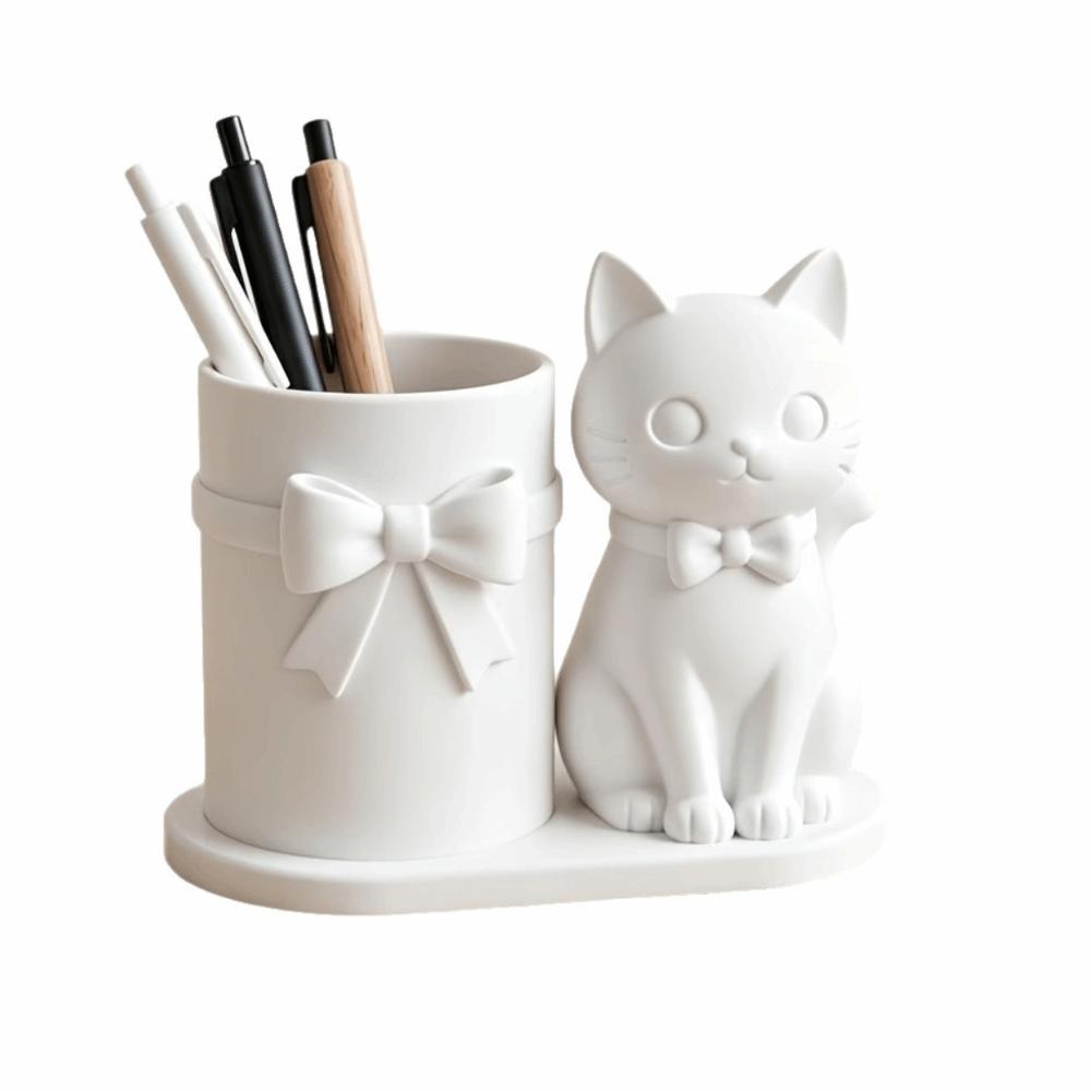 3D Printed Kitten-Shaped Pen Holder Plastic Makeup Brush Storage Organizer Office Desk Decor