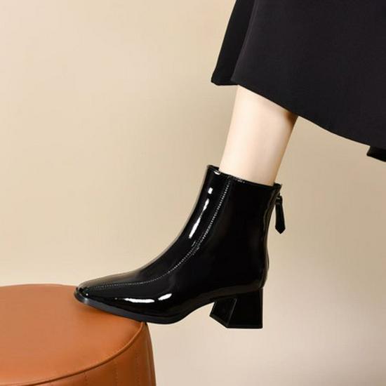 2025 Осень/Зима Натуральная Кожа Квадратный Носок Массивный Каблук Ботинки Челси с Флисовой Подкладкой и Задней Молнией