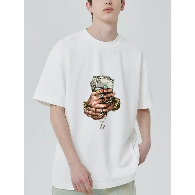 Черная футболка с принтом рук, держащих деньги, и кулоном-цепочкой для повседневного уличного стиля