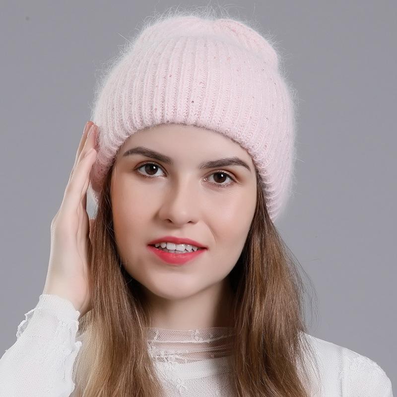 Женская зимняя теплая вязаная шерстяная универсальная шапка-пуловер с высокими фланцами и блестками из кроличьей шерсти