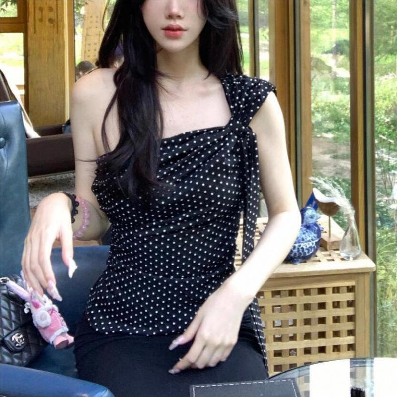 Летний шифоновый топ-камезоль с открытыми плечами в горошек 2024 - Приталенный сексуальный стиль женский топ