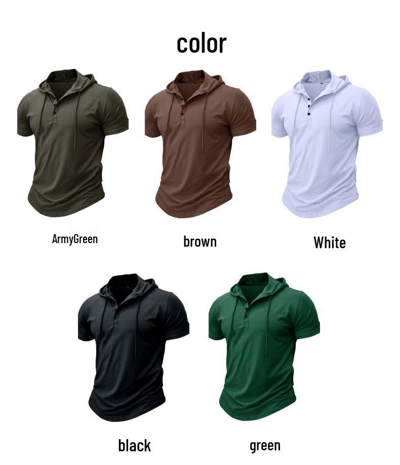 2024 Cross-Border Men's Short-Sleeve Henley Hoodie T-Shirt - European & American Style Fitness Top