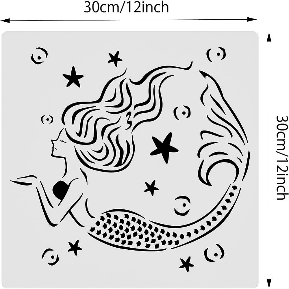 Plastic Reusable Drawing Painting Stencils Templates, for Painting on Scrapbook Fabric Tiles Floor Furniture Wood, Square, Mermaid Pattern, 300x300mm