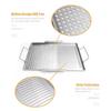 BBQ Grill Pan Non-stick Stainless Steel Barbecue Trays Portable Camping Grill with Handle BBQ Tools Wooden Spatula for Meats Fish Vegetables Steak