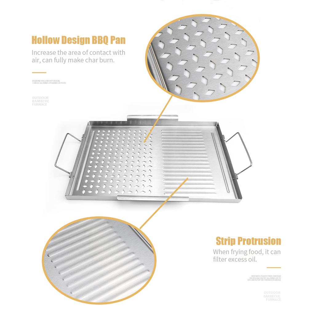 BBQ Grill Pan Non-stick Stainless Steel Barbecue Trays Portable Camping Grill with Handle BBQ Tools Wooden Spatula for Meats Fish Vegetables Steak