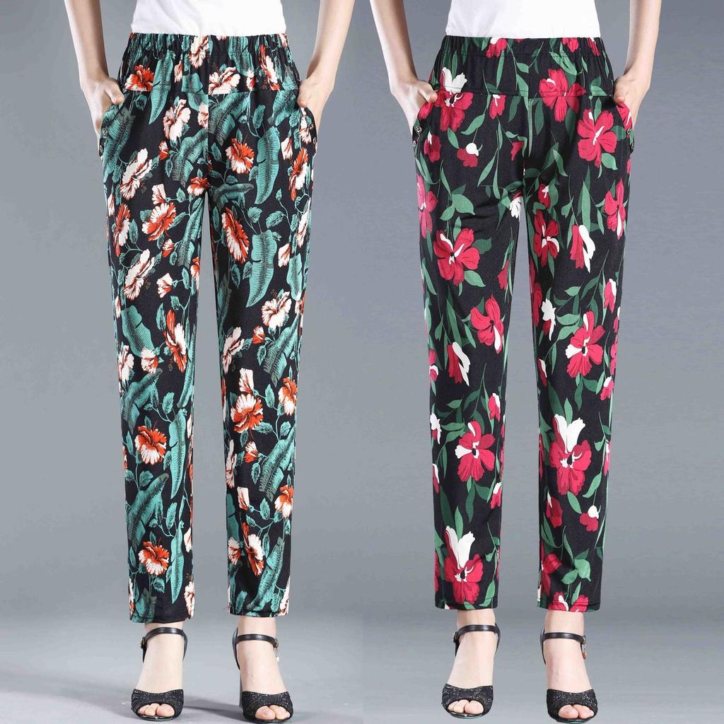 Летние брюки с цветочным принтом для женщин среднего и пожилого возраста. Эластичные брюки больших размеров с высокой талией для женщин пожилого возраста.