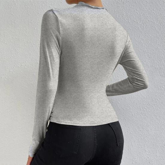 Women Solid Color Bottom Shirt Half High Collar Long Sleeve Bottoming Top Solid Color Slim Fit Pleated Pullover Tops