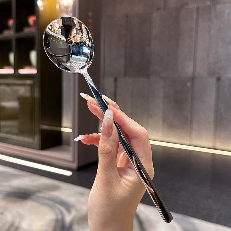 Stainless Steel Spoon Korean Long Handle Tableware Thicken Stirring Ice Spoon Meal Spoon Household Dinner Spoon