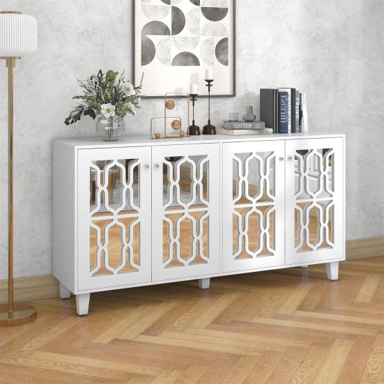 Kitchen Buffet Storage Cabinet Sideboard with 4 Doors Mirror Surface Faux Crystal Handle Large Capacity Coffee Bar Dining Room Furniture