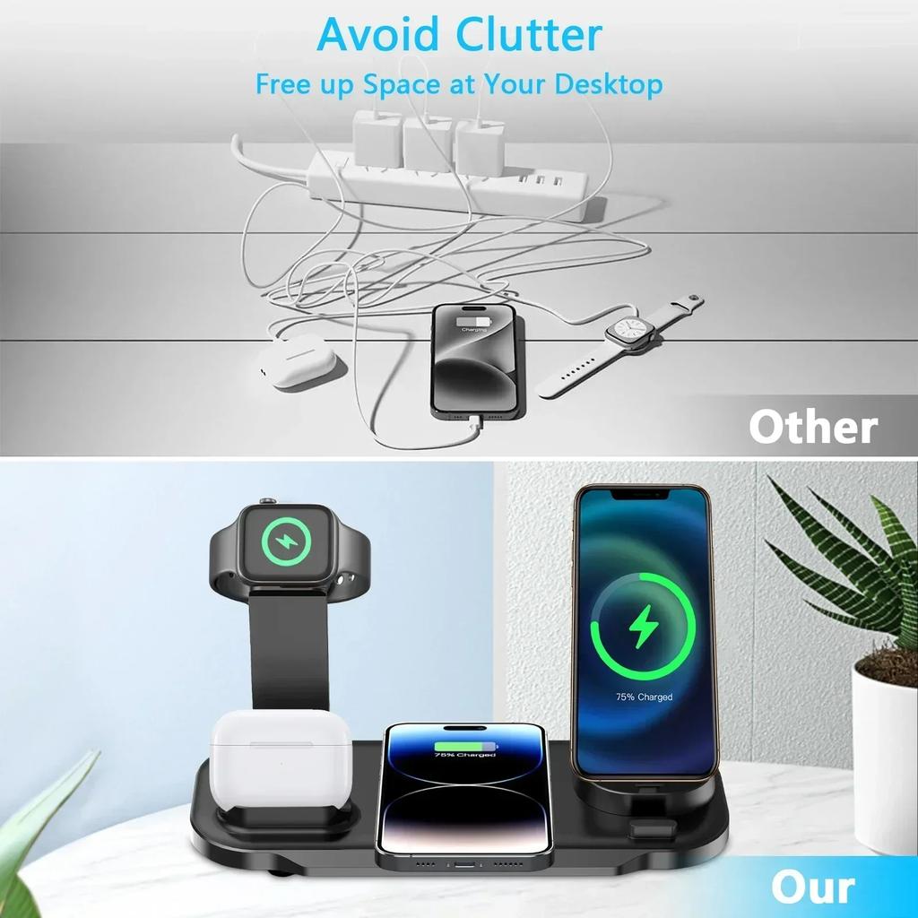 6 в 1 беспроводная зарядная станция для iPhone 16 15 14 13 12 11 часов Airpods настольное зарядное устройство для телефона быстрая зарядная док-станция