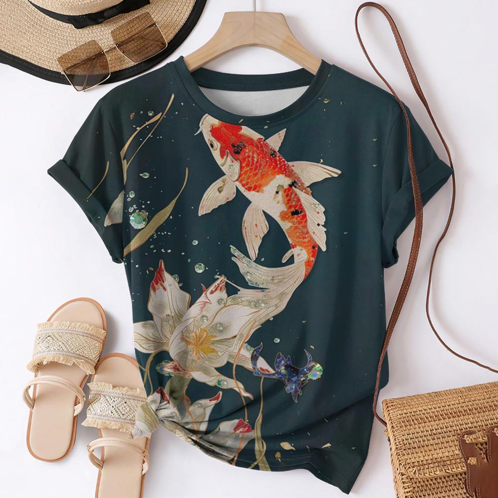 Футболки с 3D-принтом «Рыба кои» для женщин, уличная одежда, повседневная мода, Harajuku Y2k, футболка с коротким рукавом, футболки с круглым вырезом, топы, одежда