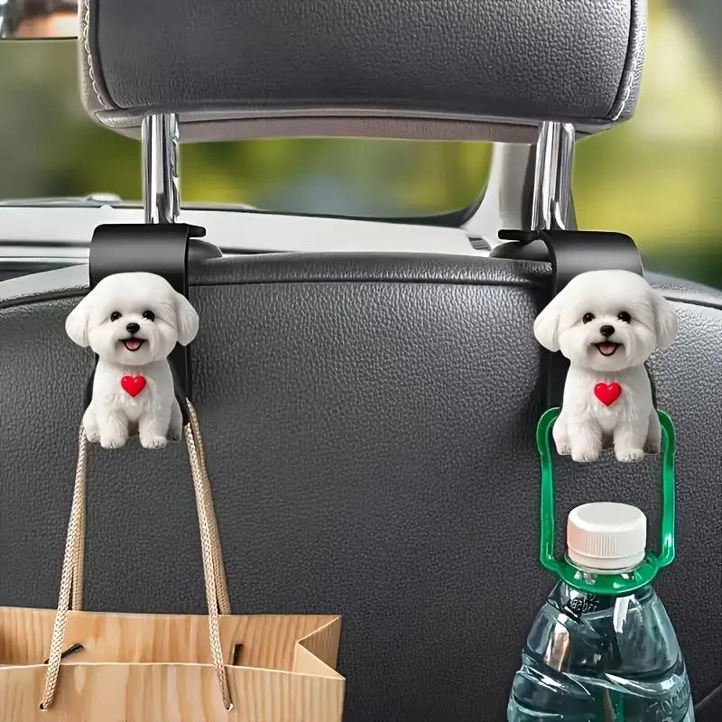 Cute white Pomeranian car hook, 2D acrylic dog hidden organizer, backrest clip. Multi-function for cars, SUVs, no-drill install.
