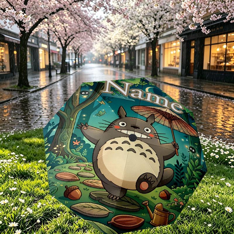 Custom Name Personalized My Neighbor Totoro Print Umbrella, Auto Open Close, 8‑Rib Sturdy Frame, Commute Camping Hiking Use, Birthday Gift