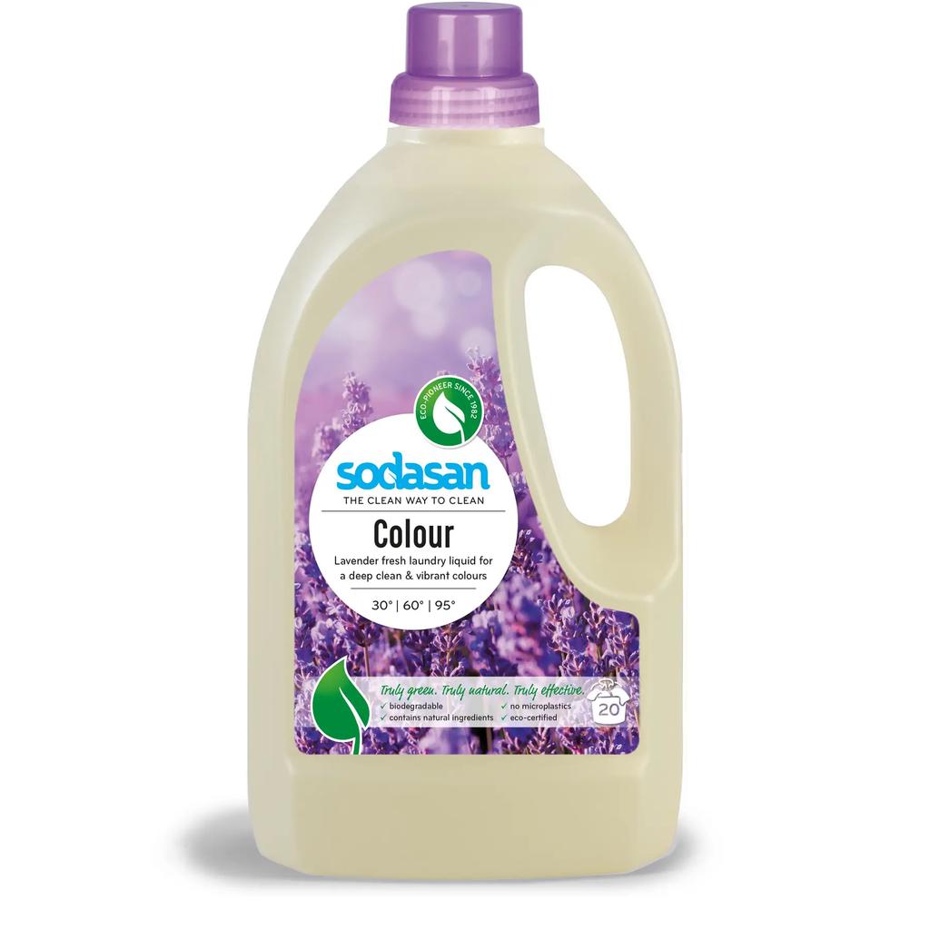 Organic Liquid Detergent Color Lavender for Washing Colored and Black Items with Water Softener and Conditioner SODASAN 1.5 L