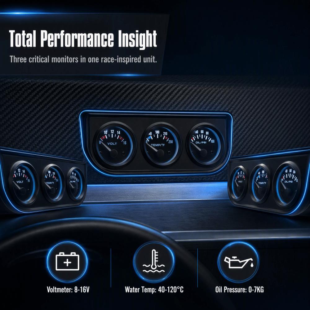 2 Inch Triple Gauge Set Black Car Meter Kit Easy Installation Car Gauge Cluster  Dashboard Mount