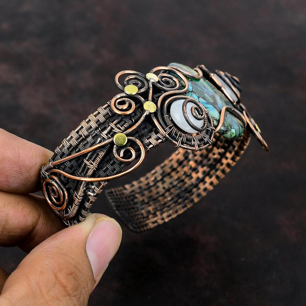 Медный азурит-малахитовый браслет-манжета Браслет из медной проволоки Регулируемый браслет-манжета Браслет из лунного камня Изысканные ювелирные изделия ручной работы из драгоценных камней