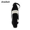 Aneikeh/летняя женская обувь, сандалии на платформе, сандалии-гладиаторы из флока, модные туфли на танкетке с пряжкой и ремешком, вечерние черные туфли на каблуке с круглым носком, размеры 35–42