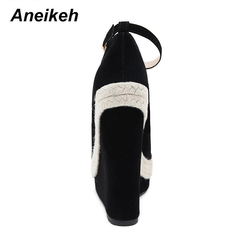 Aneikeh/летняя женская обувь, сандалии на платформе, сандалии-гладиаторы из флока, модные туфли на танкетке с пряжкой и ремешком, вечерние черные туфли на каблуке с круглым носком, размеры 35–42