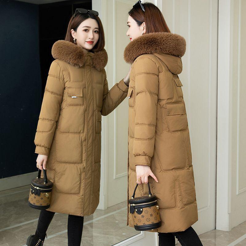 Куртка женская длинная с меховым воротником выше колена, новая зимняя женская тонкая куртка с капюшоном