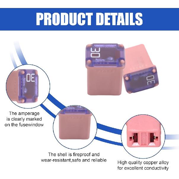 10PCS 30Amp Car Micro Cartridge Fuses, Car Low Profile Mini Box Shaped Fuse, Vehicle Square Female Fuse Accessories, Slow Blow FMM Mcase Type Fuses