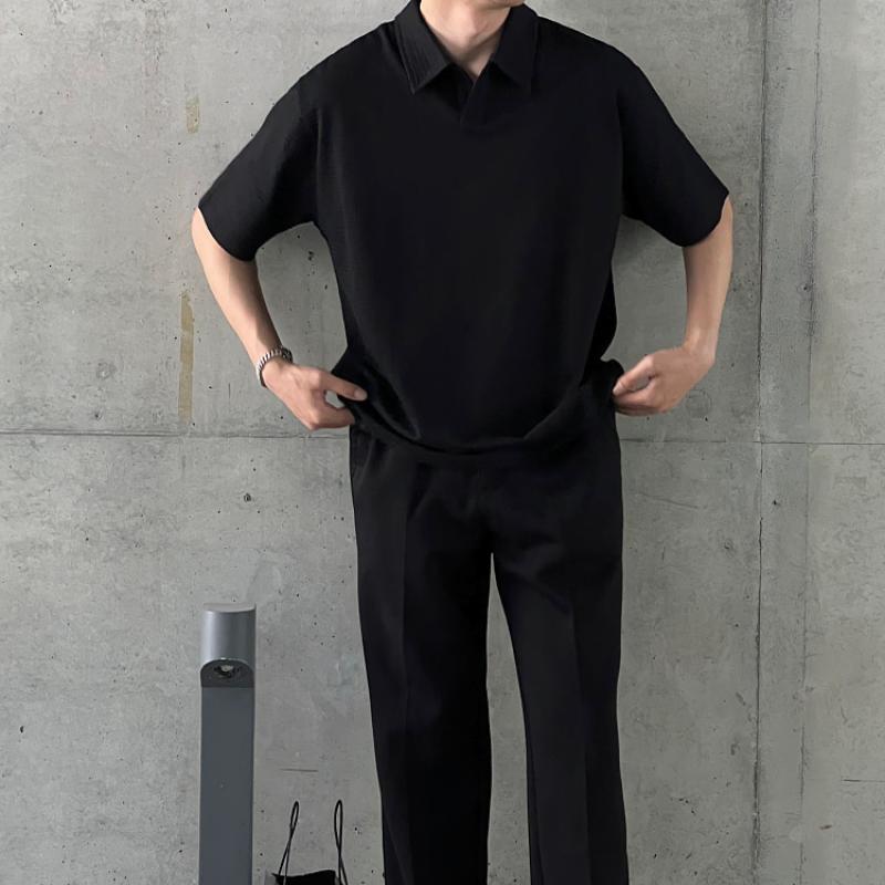 Летняя одежда, новая рубашка поло с короткими рукавами, мужская свободная футболка с лацканами, текстурированная корейская версия, повседневный топ с короткими рукавами