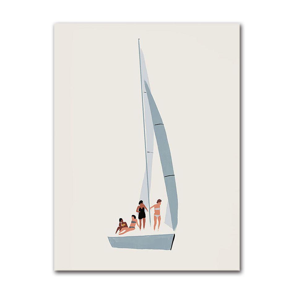 Minimalist Beach Ocean Floral Wall Art, Sailboat Canvas Painting, Pool Posters & Prints, Pictures for Living Room Decor