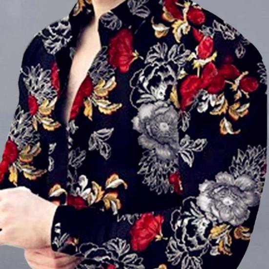 Привлекательная мужская рубашка тонкой работы, полиэстер, длинный рукав, цветочный узор, мужская рубашка-топ на каждый день