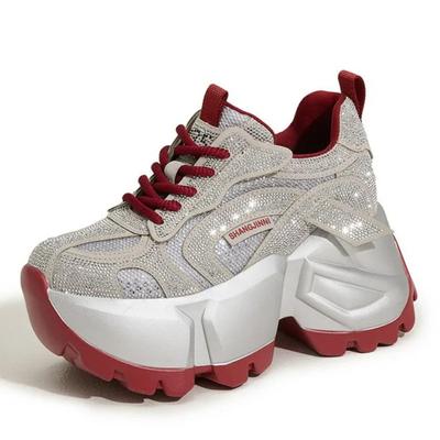 Мода Высокое качество 11СМ Микрофибра Кожа 2025 Весенняя обувь Ботильоны Женщины Вулканизированные Массивные Кроссовки Платформа Клин Блеск Осень