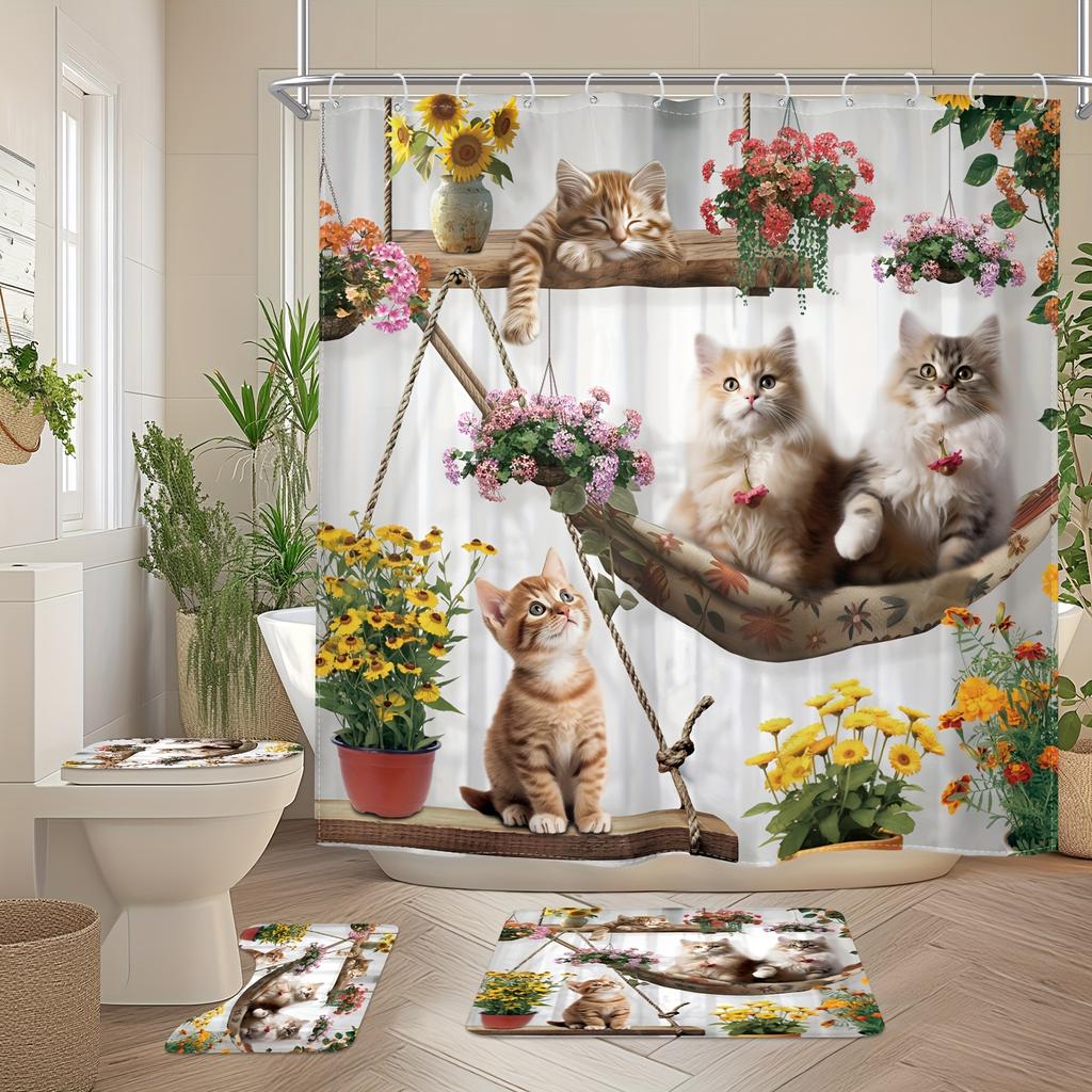 1/4 шт. Роскошный забавный кот, водонепроницаемый комплект занавесок для душа, декоративный набор для ванной комнаты, нескользящий коврик для унитаза, коврик для ванной и 12 крючков
