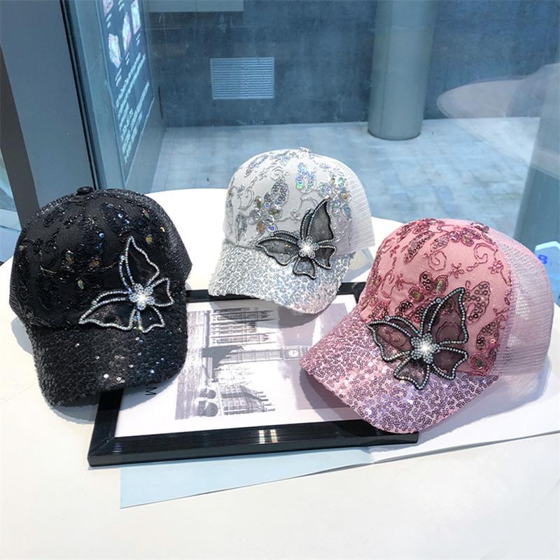 Women Baseball Cap Exquisite Butterfly Sequins Hip Hop Cap Fashion All-Match Comfortable Breathable Cap Sun-proof Hat
