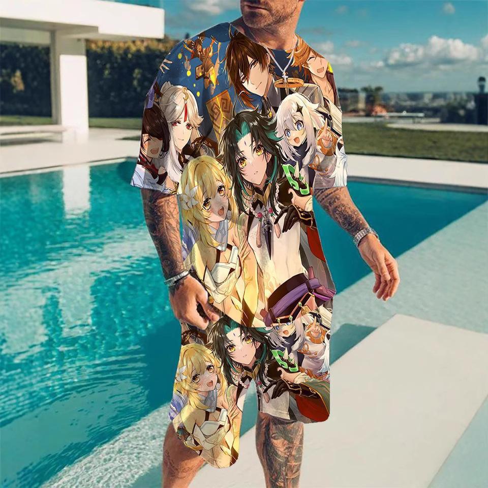 European and American cross-border new animation 3D digital original god printing men's T-shirt shorts set wholesale, short-sleeved set