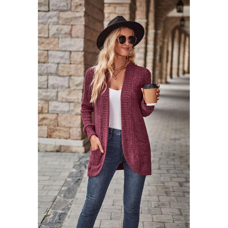 2026 Autumn New Women's Solid Color Ribbed Brushed Casual Long-Sleeve Cardigan Jacket