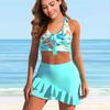 Women's Swimwear Tankini 2 Piece Swimsuit Blue Leaf Flower Cross Vest Print Vacation Bathing Suits